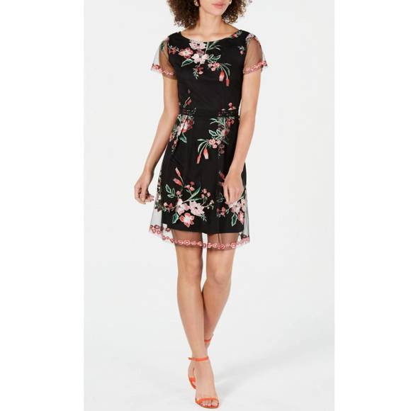 NEW ADRIANNA PAPELL tulle floral embroidery short party dress in black multi - Picture 1 of 2